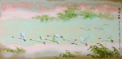 陳軍、傅長(zhǎng)敏合作作品：高溫色釉綜合裝飾瓷板《鄱湖之歌》